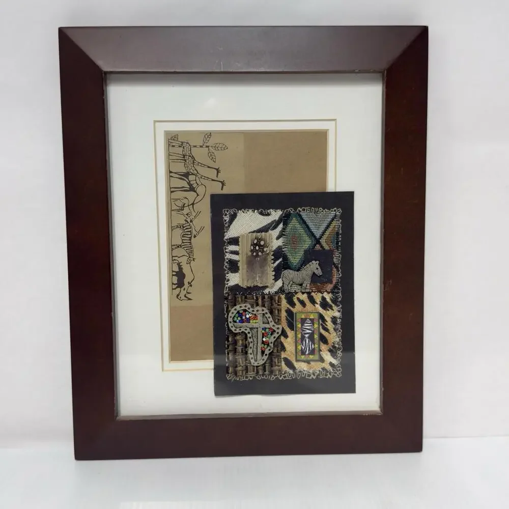 Framed Mixed Media African Safari Wildlife Tribal Wall Art Textile Decor 10x12